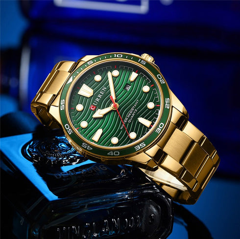 Curren Men's Watch - Green & Gold - Date Function - 1 Year Warranty - Free Box Packaging - 3 ATM Water Resistant