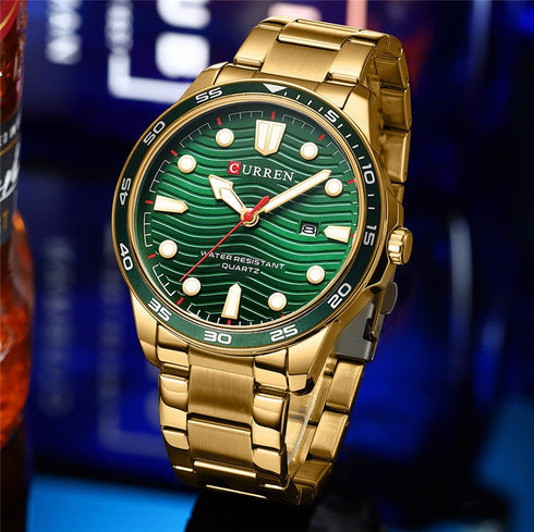 Curren Men's Watch - Green & Gold - Date Function - 1 Year Warranty - Free Box Packaging - 3 ATM Water Resistant
