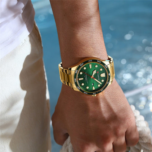 Curren Men's Watch - Green & Gold - Date Function - 1 Year Warranty - Free Box Packaging - 3 ATM Water Resistant