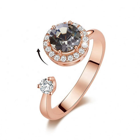 Island of Sparkle (Chic Black) Ring! - Adjustable Size! - Rose Gold Plated ! - with Dancing European Crystals! - Free Box Packaging!