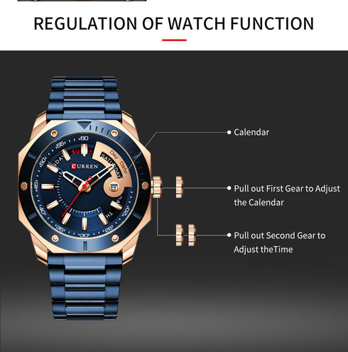 Curren Rebel (Sparkling Blue & Rose Gold) - Men's Watch - Date Function - 1 Year Warranty - Free Box Packaging - 3 ATM Water Resistant