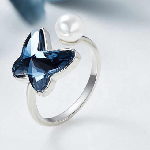 Flutter - Adjustable Size Ring! - 925 Stamped Sterling Silver (Chandi) Ring - Genuine European Crystals! - Free Gift Packaging!