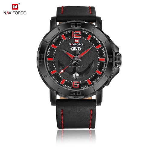 Naviforce Red Black Anchor - Mens Watch - Genuine Leather - Water Resistance - 1 Year Warranty
