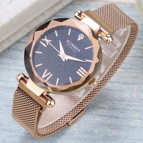 Curren Sparkling Womens Watch - Magnetic Steel Strap - 14K Gold Plated - 1 Year Warranty