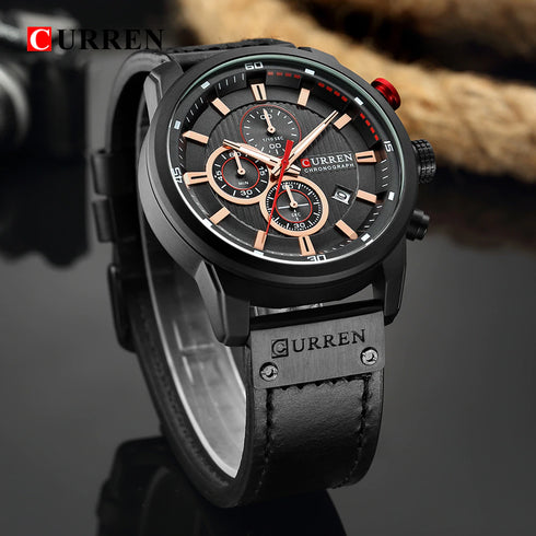 Curren All Black Leather - Chronograph! - 1 Year Warranty!