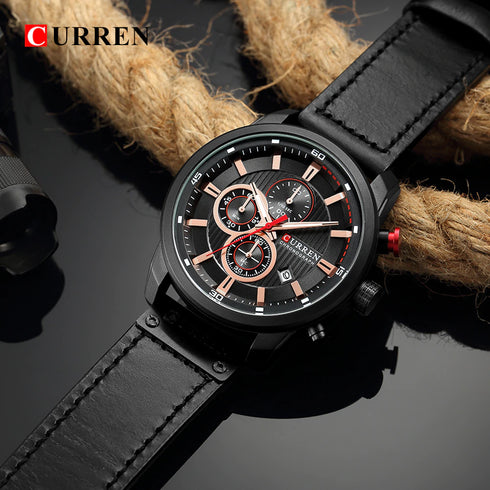 Curren All Black Leather - Chronograph! - 1 Year Warranty!