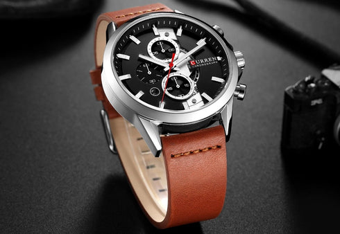 Curren Silver & Coffee Brown! - Ultra Soft Leather! - Full Chronograph! - 1 Year Warranty!