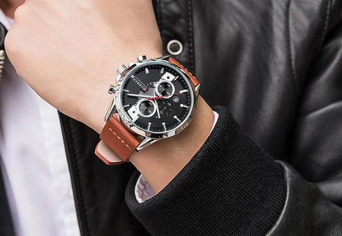 Curren Silver & Coffee Brown! - Ultra Soft Leather! - Full Chronograph! - 1 Year Warranty!