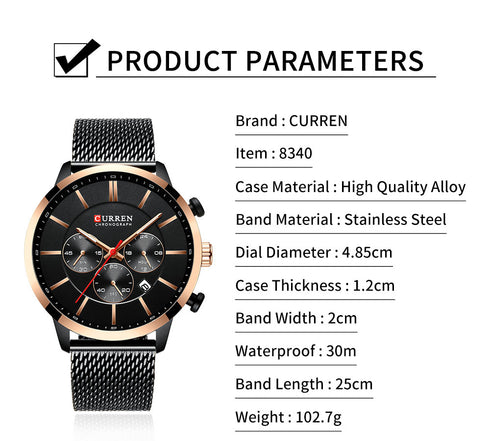 Curren Gold & Black! - Adjustable Steel Strap! - Chronograph - 1 Year Warranty! - Free Gift Packaging!