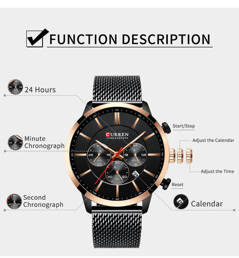 Curren Gold & Black! - Adjustable Steel Strap! - Chronograph - 1 Year Warranty! - Free Gift Packaging!