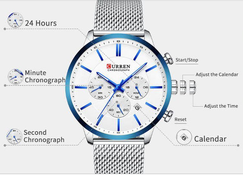 Curren Blue and Silver Adjustable Steel Strap Chronograph - 1 Year Warranty!