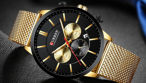 Curren Black & Gold Adjustable Steel Strap Chronograph - 1 Year Warranty!