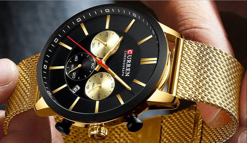 Curren Black & Gold Adjustable Steel Strap Chronograph - 1 Year Warranty!