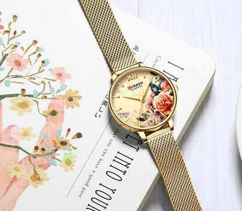Curren Women's Gold Plated Adjustable Steel Nature Design Dial - 1 Year Warranty!