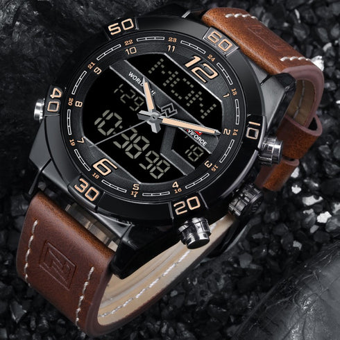 Naviforce Men's - Modern Technology! - Traditional Brown - Genuine Leather! - Water Resistant!- 1 Year Warranty!
