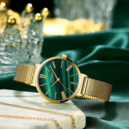 Curren Women's Classy & Sassy! - Green & Gold - Adjustable Steel Strap! - Box Packaging! - Water Resistant 3ATM! - 1 Year Warranty