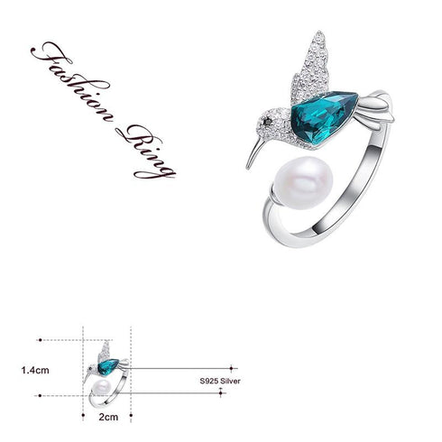 Where Bird's Dare! - Adjustable Ring - Pure S925 Sterling Silver (Chandi) - Genuine European Crystals & Pearl- Free Box Packaging!