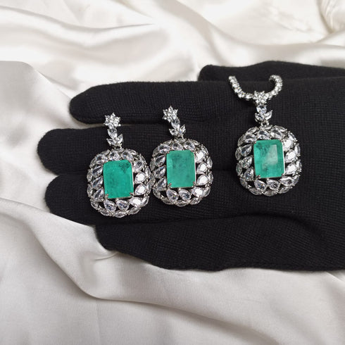 Lux White and Mermaid Green Party Set - Earrings & Necklace - Statement Jewellery - Cubic Zircon - Box Packaging