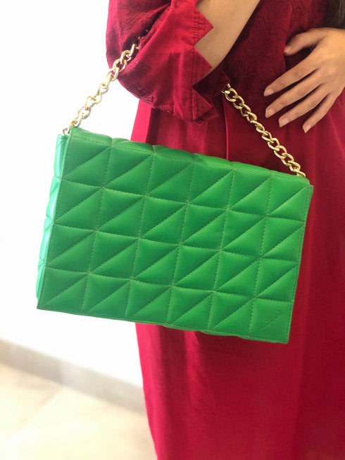 NOVA Women's Purse - Vegan Leather - Deep Neon Green - Metallic Gold Chain - Box Packaging