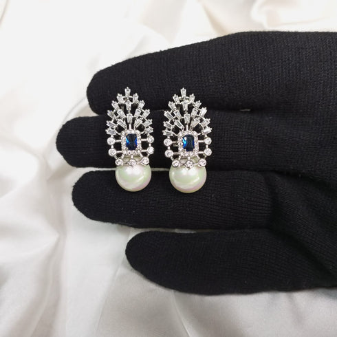 Pearl and Blue Earrings - Statement Jewellery - Cubic Zircon - Box Packaging