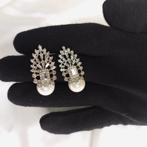 Pearl and White Earrings - Statement Jewellery - Cubic Zircon - Box Packaging