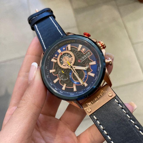 Curren Men's Futuristic Design! - Chronograph! - Blue & Rose Gold! - Ultra Soft Leather! - 1 Year Warranty! - Ultra Slim!