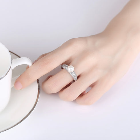 Ocean Ring - Imitation Pearl - Adjustable Size! - White Gold Plated - AAA Cubic Zirconia - Free Box Packaging!