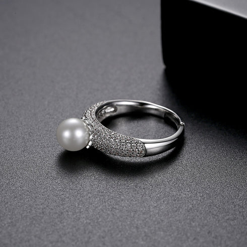 Ocean Ring - Imitation Pearl - Adjustable Size! - White Gold Plated - AAA Cubic Zirconia - Free Box Packaging!