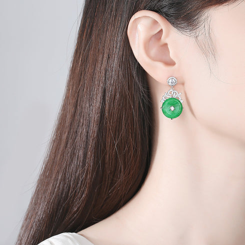 Synthetic Jade Earrings - AAA Sparkling Cubic Zircon - Adjustable Size! - Free Box Packaging