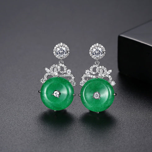 Synthetic Jade Earrings - AAA Sparkling Cubic Zircon - Adjustable Size! - Free Box Packaging
