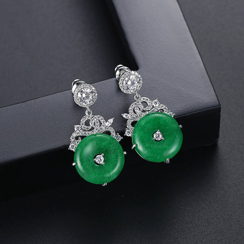 Synthetic Jade Earrings - AAA Sparkling Cubic Zircon - Adjustable Size! - Free Box Packaging
