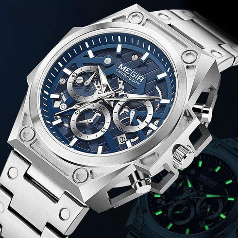 Megir - Men's Watch - 1 Year Warranty - Genuine Leather Strap - Chronograph - 3 ATM Water Resistant