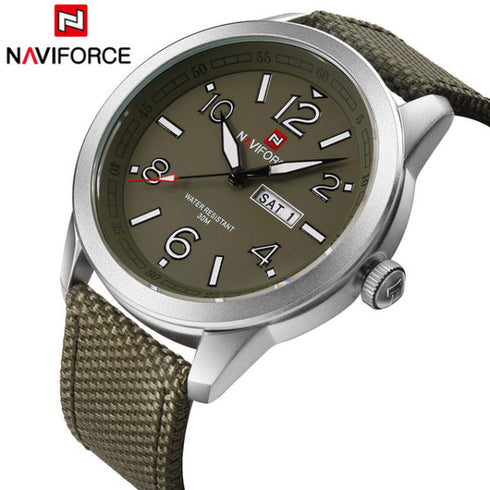 Naviforce Men's Military Gren! - Date Window! - Nylon & Genuine Leather Strap! - Water Resistant! - 1 Year Warranty