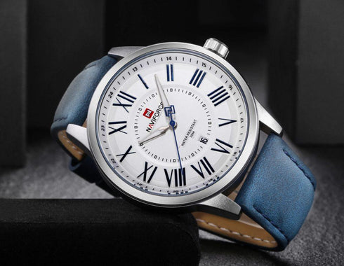 Naviforce Men's Elegant Blue Roman Numbers! - Genuine Leather! - 1 Year Warranty! - Water Resistant! - Free Gift Packaging!