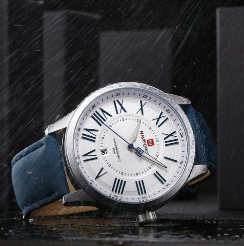 Naviforce Men's Elegant Blue Roman Numbers! - Genuine Leather! - 1 Year Warranty! - Water Resistant! - Free Gift Packaging!