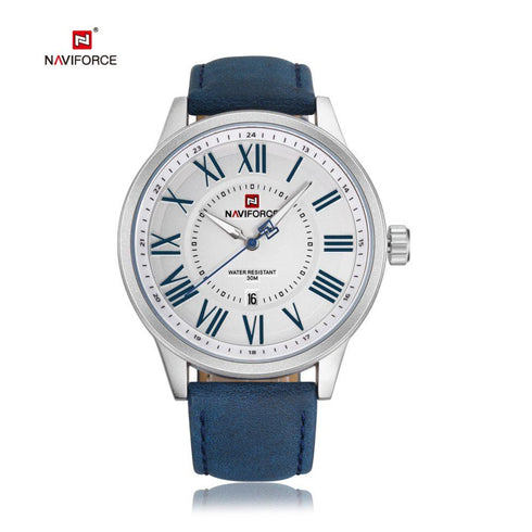 Naviforce Men's Elegant Blue Roman Numbers! - Genuine Leather! - 1 Year Warranty! - Water Resistant! - Free Gift Packaging!