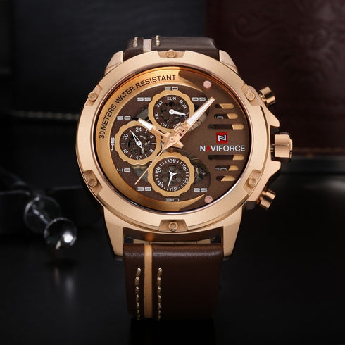 Naviforce Italia - Men's Watch - Rose Gold Plated - Chronograph - Genuine Leather! - Water Resistant! - 1 Year Warranty!
