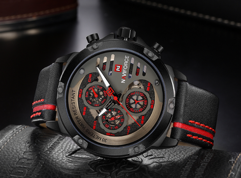 Naviforce Italia - Men's Watch - Red & Black - Chronograph - Genuine Leather! - Water Resistant! - 1 Year Warranty!