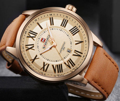 Naviforce Men's Elegant Salmon Pink & Rose Gold Plated - Roman Numbers! - Genuine Leather! - 1 Year Warranty! - Water Resistant! - Free Gift Packaging!