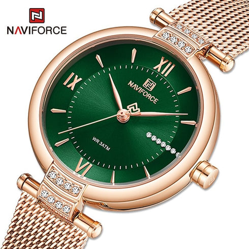 Naviforce Charm - Women's Watch - Sparkling Rose Gold & Green - Adjustable Steel Strap! - 1 Year Warranty! - Water Resistant!