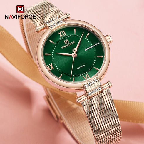 Naviforce Charm - Women's Watch - Sparkling Rose Gold & Green - Adjustable Steel Strap! - 1 Year Warranty! - Water Resistant!