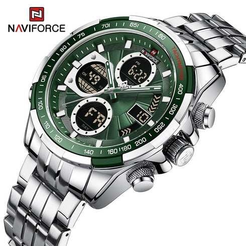 Naviforce Legend - Men's Watch - Digital + Analog - Classic Silver & Rich Green - 1 Year Warranty! - Free Box Packaging!