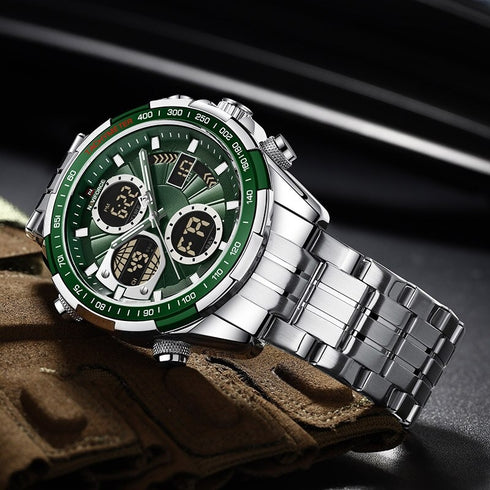 Naviforce Legend - Men's Watch - Digital + Analog - Classic Silver & Rich Green - 1 Year Warranty! - Free Box Packaging!