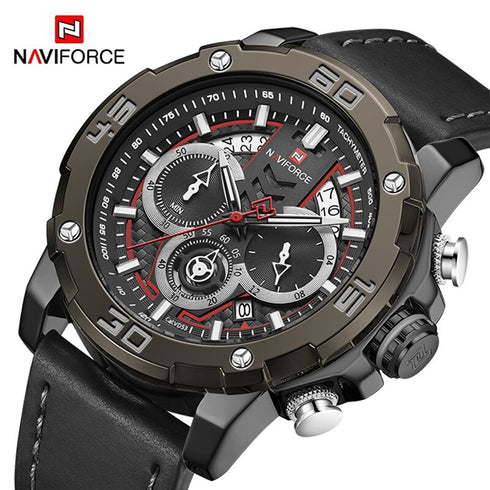 Naviforce Masculine - Red & Black - Men's Watch - Chronograph - Genuine Leather - 1 Year Warranty! - Water Resistant!
