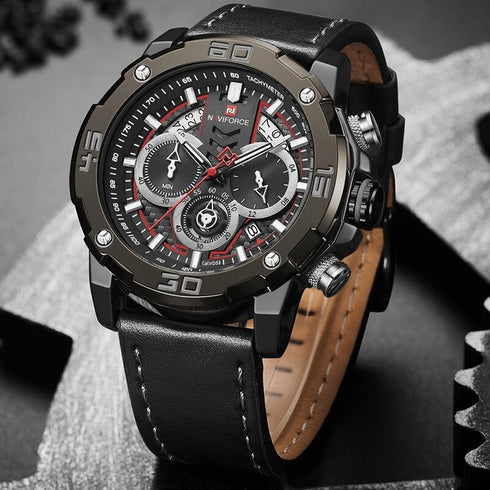Naviforce Masculine - Red & Black - Men's Watch - Chronograph - Genuine Leather - 1 Year Warranty! - Water Resistant!