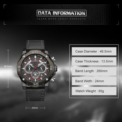 Naviforce Masculine - Red & Black - Men's Watch - Chronograph - Genuine Leather - 1 Year Warranty! - Water Resistant!