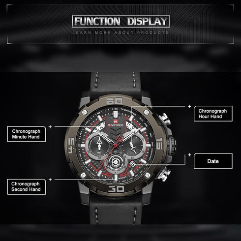 Naviforce Masculine - Red & Black - Men's Watch - Chronograph - Genuine Leather - 1 Year Warranty! - Water Resistant!