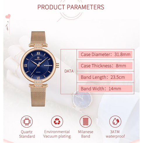 Naviforce Charm - Women's Watch - Sparkling Rose Gold & Blue - Adjustable Steel Strap! - 1 Year Warranty! - Water Resistant!