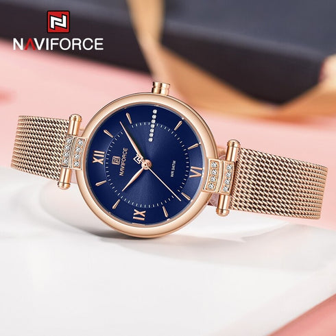 Naviforce Charm - Women's Watch - Sparkling Rose Gold & Blue - Adjustable Steel Strap! - 1 Year Warranty! - Water Resistant!