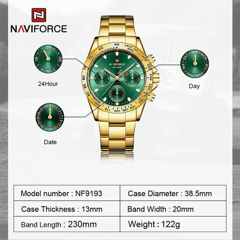 Naviforce Millionaire - 14K Gold Plated & Emerald Green - Unisex Watch - Chronograph - 1 Year Warranty! - Water Resistant!